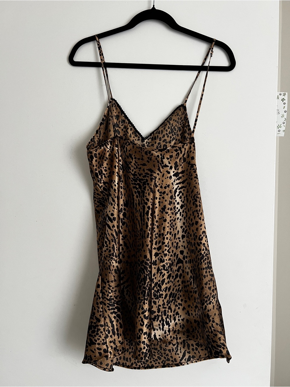 Leopard Print Satin Chemise Slip with Black Lace Trim - Picture 3 of 3